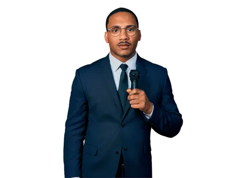 Martin Luther King Jr., African American male, 30s, serious expression, glasses, short hair, suit, tie, microphone in hand, standing, inspirational pose, warm lighting, shallow depth of field, cinemat