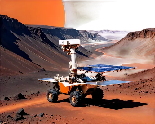 Mars landscape, rocky terrain, barren planet, reddish-orange hue, towering mountains, deep craters, vast valleys, robotic rover, metallic body, solar panels, antennae, wheels, Martian dust storm, cine