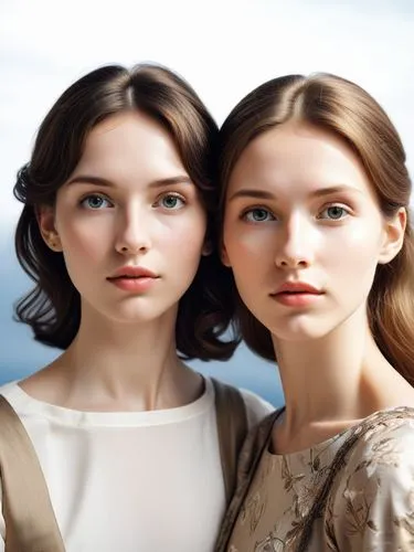 two women, at a suitable distance from each other,two women are shown with the blue sky in the background,khnopff,priestesses,olsens,delvaux,porcelain dolls,two girls