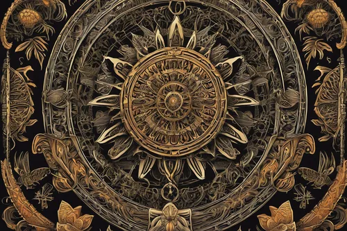 vestment,mandelbulb,eucharistic,gold foil art,tapestry,floral ornament,ornate,art nouveau design,book cover,baroque,antique background,tabernacle,cover,decorative element,circular ornament,ancient icon,decorative art,ornament,dharma wheel,archimandrite,Illustration,Retro,Retro 24