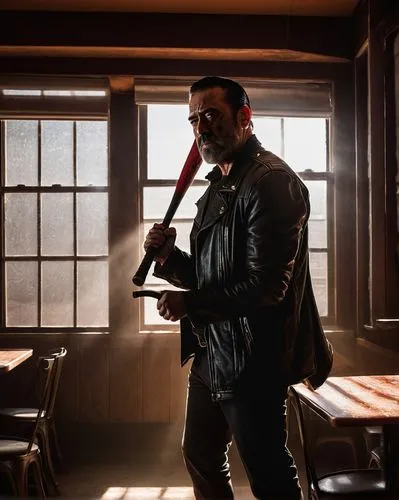 Negan holding a Baseball Bat standing in the corner of cafe with minimal lighting, only light coming in from the window, dust flying around, dramatic lighting,macmanus,harada,hannegan,tarantino,logan,