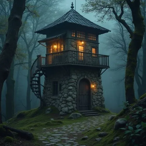 Ethereal watchtower, rustic stone walls, worn wooden doors, weathered metal roofs, intricate stonework patterns, mystical forest surroundings, twinkling starry night sky, soft misty morning atmosphere