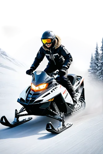 Snowmobile, winter sports, speed, snowy mountain, frosty air, realistic tracks, metallic body, headlights, windshield, ski goggles, warm fur-lined jacket, gloves, boots, dynamic pose, action shot, low