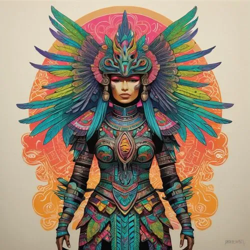 amazona,warrior woman,fantasy art,headdress,neon body painting,mayan,Illustration,Paper based,Paper Based 19