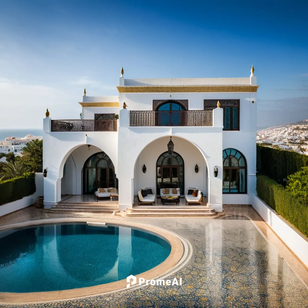 Modern art deco Villa in Tanger (Morocco) with a Mediterranean style, Fujifilm GFX 100S, capturing every detail and achieving unparalleled image clarity, full body shot, paranormal,morocco,luxury prop