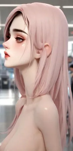 裸體美女在機場,the woman is standing alone wearing pink hair,bjd,anime 3d,mmd,khnopff,arca,artist's mannequin,Digital Art,3D