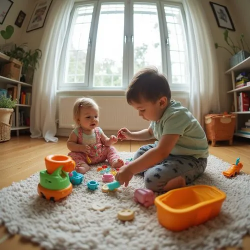 дети играют дома игрушками,two toddlers playing with toys in front of an open window,playing room,children playing,tinkertoys,children play,playdates,playdate