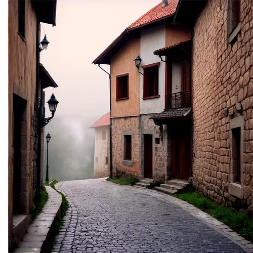 Balkan-style building, Bosnia architecture, historic cityscape, stone walls, red-tiled roofs, narrow streets, old-fashioned street lamps, morning mist, soft sunlight, 3/4 composition, warm color tone,