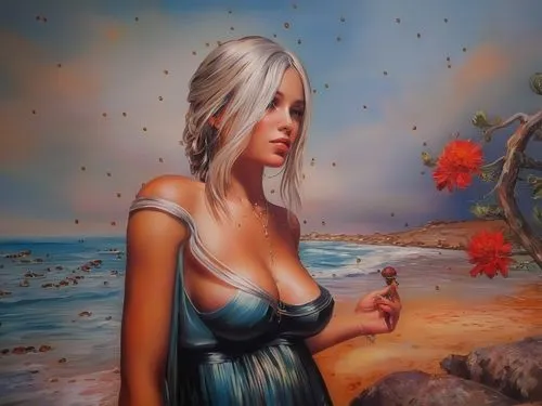 fantasy art,fantasy woman,girl on the dune,cupido (butterfly),cloves schwindl inge,aphrodite,fantasy picture,faerie,woman with ice-cream,pollinate,woman thinking,oil painting on canvas,blonde woman,sea breeze,art exhibition,secret garden of venus,seashells,mermaid background,fantasy portrait,woman eating apple,Illustration,Paper based,Paper Based 04