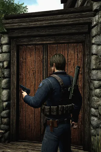 rifleman,wooden door,holding a gun,holster,open door,home door,tower flintlock,farm gate,flintlock pistol,the door,gunsmith,door key,gunfighter,combat pistol shooting,steel door,wood gate,interrogation point,fallout4,submachine gun,colt 1851 navy,Conceptual Art,Daily,Daily 33