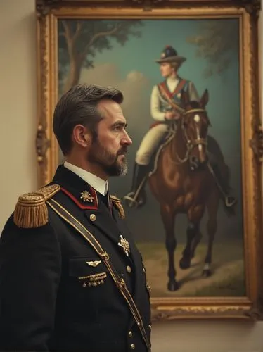 Count Karl stands at attention in front of the impressive equestrian portrait of his respectable African-born but Prussian girlfriend, Colonel-General Viktoria-Louise von Manteuffel.,a man in uniform 