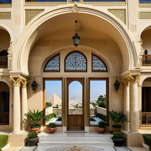 Design a villa façade that seamlessly integrates the monumental grandeur of ancient Egyptian architecture with the elegance of modern French design. Use clean, modern lines for the structure, incorpor