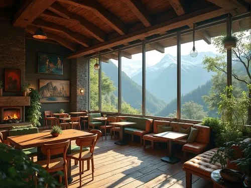 alpine restaurant,the cabin in the mountains,breakfast room,house in the mountains,teahouse,lukla,mcleodganj,house in mountains,chalet,alishan,malana,landour,ahwahnee,courmayeur,mussoorie,chamonix,mountain hut,amanresorts,lhotse,teahouses,Photography,General,Realistic