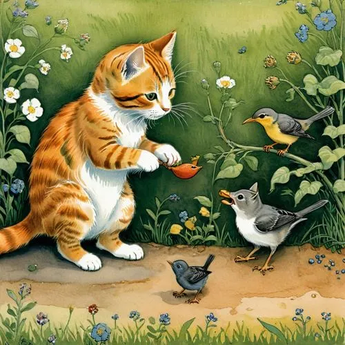 flower and bird illustration,bird painting,cat sparrow,cats playing,catbirds,garden birds,Illustration,Realistic Fantasy,Realistic Fantasy 31