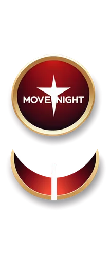 Movie night logo, circular shape, golden border, velvet red background, white film strip pattern, silver spotlight, 3D embossed effect, glossy finish, modern minimalist style, centered composition, so