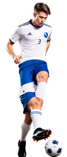 Male soccer player, athletic build, muscular legs, dynamic pose, white jersey, blue shorts, black cleats, ball at feet, intense facial expression, sweat dripping, stadium lights, dramatic shadows, low