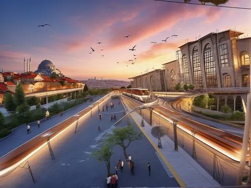 a train o of tram way on the  bridge ,reduce the number of culoms, people under the bridge landscape feature ,commercial chops on the  right public space on the left .in Istanbul ,shanghai disney,elev