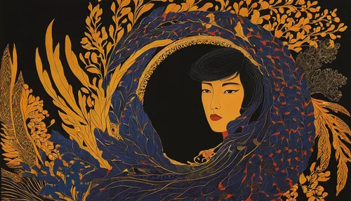 geisha,geisha girl,mary-gold,gold leaf,oriental girl,tapestry,oriental princess,amano,girl in a wreath,autumn icon,kahila garland-lily,gold foil art,asian woman,tiger lily,mulan,art nouveau design,golden wreath,vietnamese woman,shirakami-sanchi,oriental painting,Illustration,Retro,Retro 26