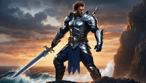 heroic fantasy,god of thunder,god of the sea,king arthur,wind warrior,fantasy warrior,norse,swordsman,lone warrior,male character,excalibur,paladin,dane axe,fantasy picture,poseidon,sea god,nordic,male elf,alaunt,wall,Unique,Design,Blueprint