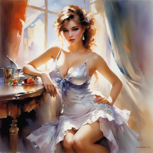 woman at cafe,pinup girl,dressmaker,italian painter,femininity,romantic portrait,art painting,pretty woman,pin ups,fantasy art,a charming woman,retro pin up girl,woman drinking coffee,pin-up girl,girl with cereal bowl,seamstress,pin up girl,comely,young woman,fantasy woman,Conceptual Art,Oil color,Oil Color 03