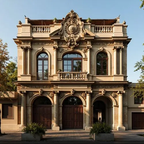 Ornate Renaissance-style building, grandiose facade, intricately carved stone decorations, ornamental pilasters, arched windows, rusticated quoins, classical columns, sculpted tympanum, weathered copp