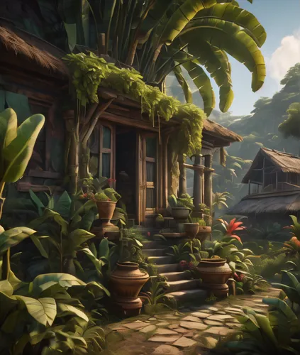 tropical island,tropical house,tropical jungle,home landscape,monkey island,tahiti,moorea,tropics,summer cottage,an island far away landscape,idyllic,polynesia,tropical greens,tropical bloom,huts,polynesian,banana trees,druid grove,jungle,southern island,Photography,General,Fantasy