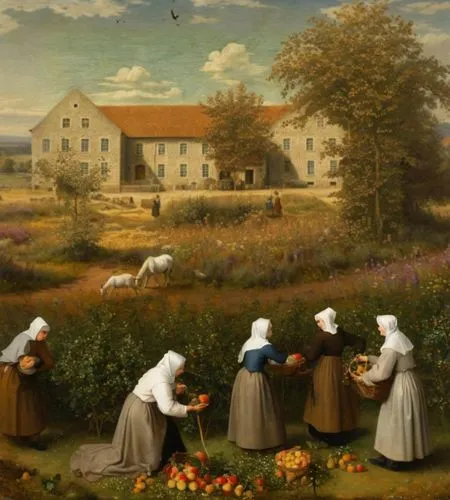 (view from above as in the paintings of Pieter Bruegel, small figures of Catholic nuns in Breton bonnets and kerchiefs, light brown robes and dark brown dresses are picking apples, nearby are small gr