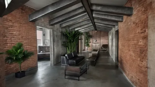 a building has brick walls and plants in it,loft,lofts,home interior,hallway space,concrete ceiling,contemporary decor