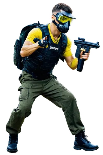 action pose, male player, dynamic movement, holding paintball gun, wearing mask, camouflage clothing, tactical vest, combat boots, splattered with paint, intense expression, sweat droplets, strong mus