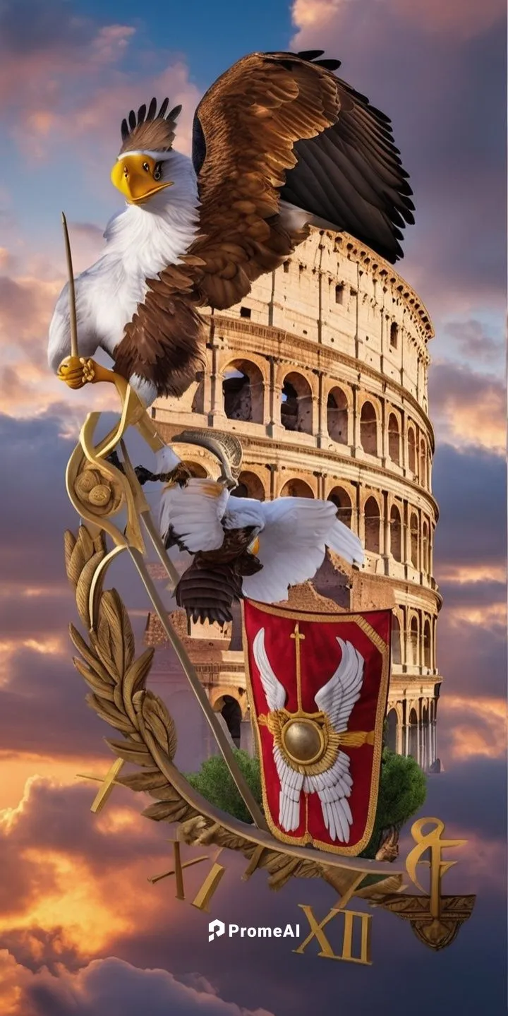 acima uma águia em baixo o coliseu de roma e soldados romanos ,vatican city flag,the roman empire,rome 2,italy colosseum,hispania rome,roma capitale,volpino italiano,vaticano,d'este,lazio,alea iacta e