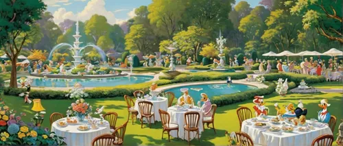 Imagine a serene garden party with soft classical music playing, guests leisurely strolling, and sipping tea.,garden party,the disneyland resort,disneyland park,fairy village,fairy world,mainau,garden