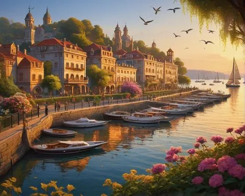 boat landscape,annecy,lake geneva,harbor,fantasy picture,idyllic,sea landscape,waterfront,novigrad,fishing village,boat harbor,fantasy landscape,beautiful landscape,world digital painting,veneziani,landscape background,montreaux,bellagio,romantic scene,houseboats,Illustration,Realistic Fantasy,Realistic Fantasy 44