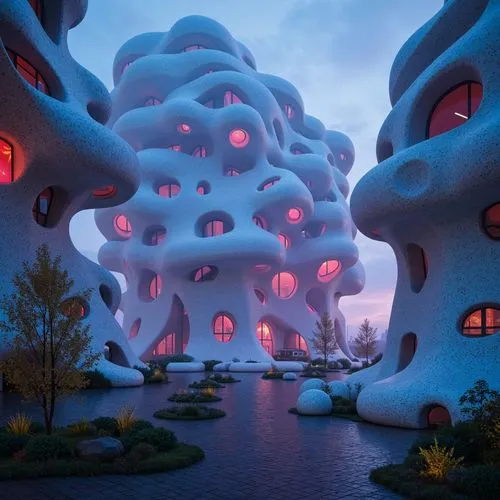 Organic blob-shaped buildings, futuristic architecture, iridescent colors, glowing neon lights, undulating curves, amoeba-inspired structures, translucent materials, 3D-printed components, parametric 