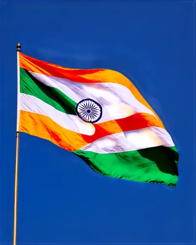 Indian national flag, tricolor, saffron, white, green, horizontal stripes, waving gently, wind blowing, bright sunlight, clear blue sky, close-up shot, shallow depth of field, vibrant colors, dynamic 