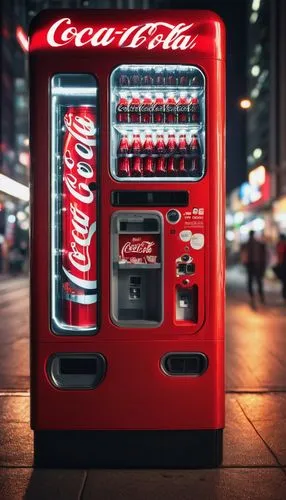 Coca-Cola vending machine, shiny metallic surface, bright red and white colors, rounded edges, buttons and screen on front, Coke logo prominent, glass bottle or can dispenser, urban setting, city stre