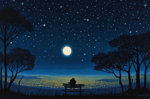 moonlit night,night scene,blue moon,man on a bench,romantic scene,loneliness,romantic night,moon night,solitude,the moon and the stars,the night sky,starry sky,evening atmosphere,moonlight,starry night,moonlit,park bench,night stars,stargazing,night watch,Illustration,Realistic Fantasy,Realistic Fantasy 11