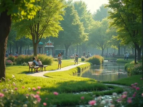 Vibrant green park design, lush grass, various shrubs, tall trees, winding stone path, wooden benches, modern playground equipment, children laughing and playing, happy families having picnics, colorf