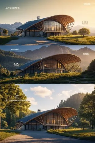 different views of an open air pavilion and the architecture,renderings,snohetta,ski facility,school design,futuristic architecture,3d rendering,Photography,General,Realistic