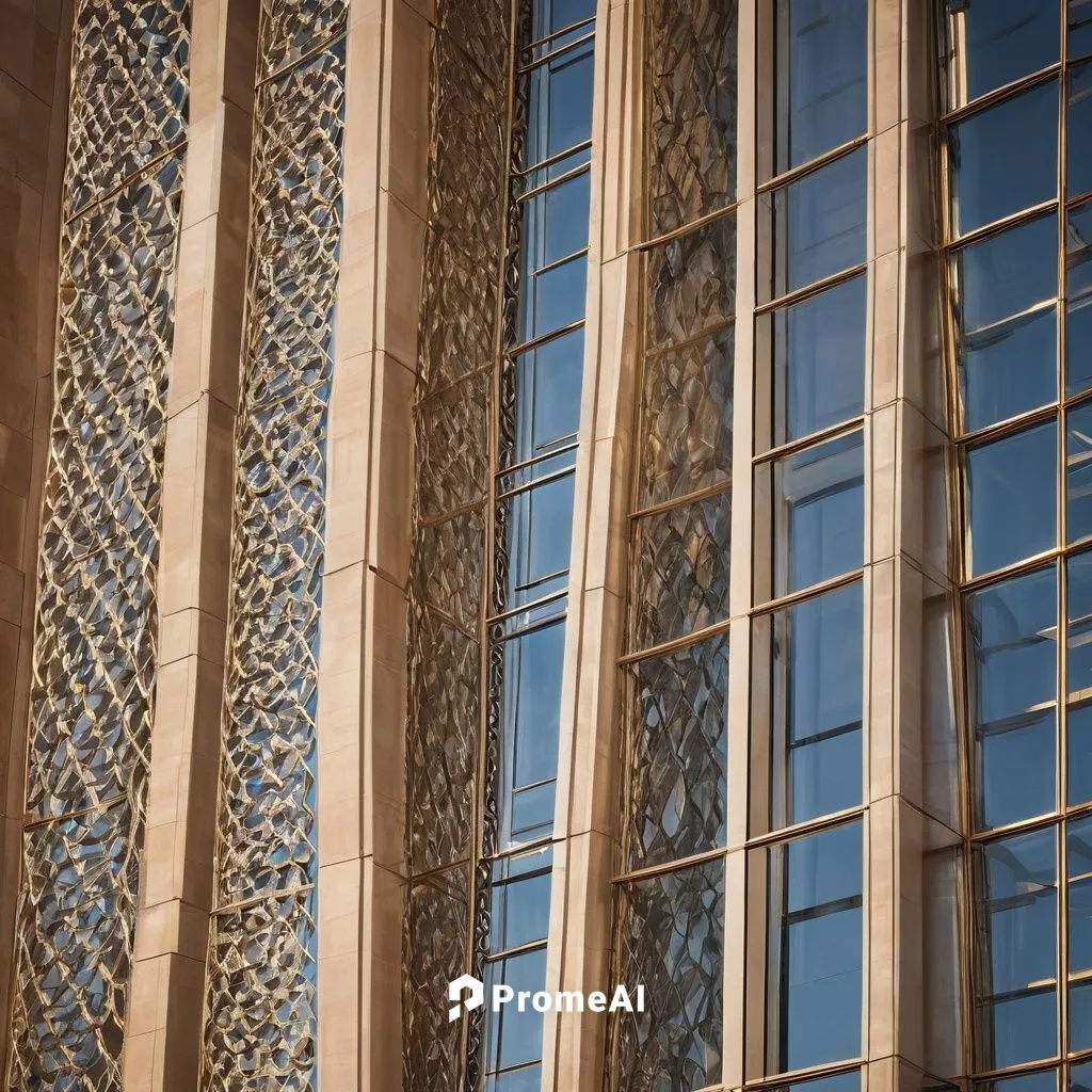 Modern architectural screening, intricate metal mesh patterns, urban cityscape background, sleek skyscraper, glass curtain walls, minimalist decor, ambient softbox lighting, warm beige tone, shallow d