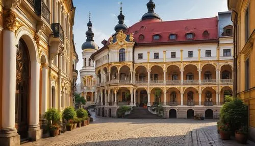 Eastern European architecture, Baroque style, grand building, ornate details, intricate stonework, golden domes, red rooftops, white columns, arches, balconies, grand entrance, stone stairs, luxurious