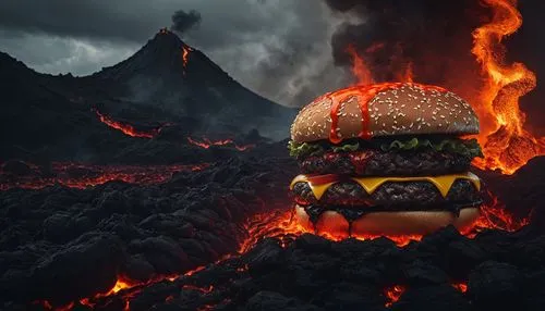 Mcdonald's in hell, hamburgers, lava, demons,a massive hamburger is on a pile of lava with mountains in the background,hamburger,big hamburger,burger emoticon,burgermeister,cheeseburger,burger king,th