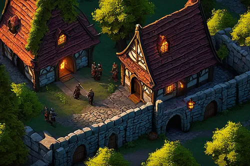 tavern,castle iron market,knight village,medieval street,medieval town,witch's house,game illustration,escher village,knight's castle,medieval castle,aurora village,mountain settlement,medieval market,druid grove,old town,devilwood,castleguard,mountain village,ancient house,old village,Illustration,Retro,Retro 02