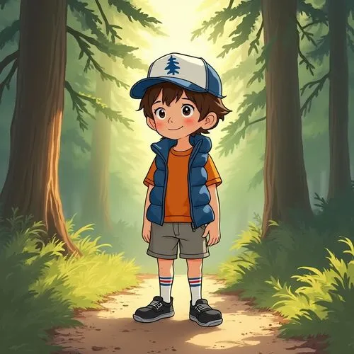 dipper,forest walk,digidestined,forest background,cartoon forest,pines