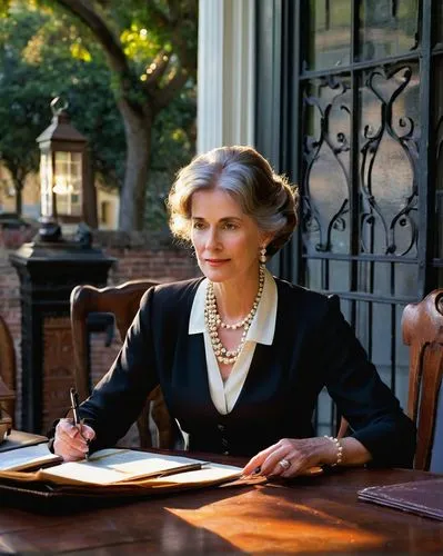 Historic Charleston, Board of Architectural Review, meeting scene, mature lady, elegant hairstyle, pearl necklace, formal business attire, seated, wooden conference table, leather-bound documents, pen