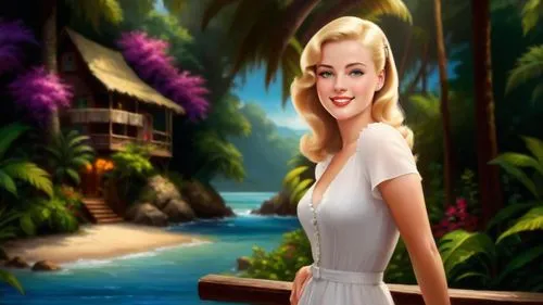 Romantic masterpiece oil painting, cute girl portrait, nostalgic 1950's style kitsch, vibrant rainforest landscape, lush tropical jungle paradise, summer beach vacation seaside cottage scenery, by Tho