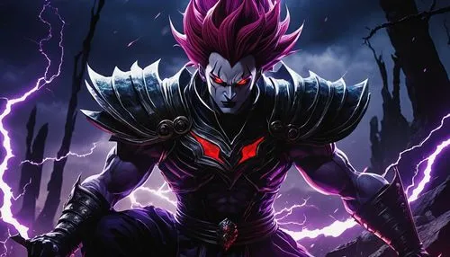 Hisoka, Meruem, battle scene, dark fantasy world, eerie atmosphere, Hisoka's intricate black and purple armor, menacing sharp claws, glowing red eyes, Meruem's towering physique, intimidating aura, Ne