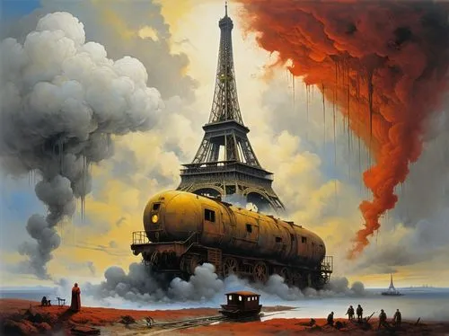 universal exhibition of paris,locomotive,the train,ghost locomotive,notredame de paris,locomotives,oil industry,steam locomotives,train,french train station,oil,long-distance train,train crash,ervin hervé-lóránth,industrial landscape,hot air,hindenburg,airship,steam engine,steam locomotive,Conceptual Art,Oil color,Oil Color 10