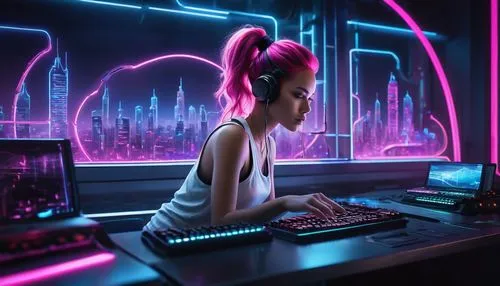 girl at the computer,cyberpunk,neon human resources,cyber,futuristic,cyberspace,computer room,computer,neon,computer desk,computer freak,computer art,computer addiction,neon coffee,neon light,computer workstation,cyber glasses,neon lights,neon arrows,barebone computer,Illustration,Retro,Retro 02