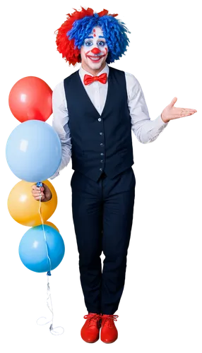 Funny clown, colorful wig, red nose, painted smile, blue eyes, white face paint, oversized shoes, baggy pants, holding balloons, standing, playful gesture, bright colors, soft focus, shallow depth of 