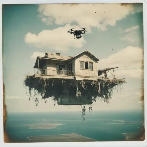 stiltsville,flying island,floating huts,maunsell,house with lake,island suspended,floating over lake,inverted cottage,double exposure,floating island,fordlandia,houseboat,stilt house,hosseinian,aerial landscape,foreclosures,skyvan,vacationland,mobile home,aerial filming,Photography,Documentary Photography,Documentary Photography 03